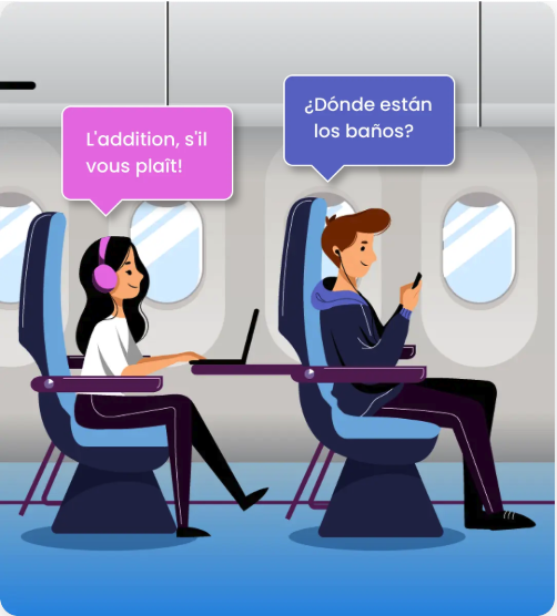 Two travelers on a plane chatting in French and Spanish — illustration from LingoWise