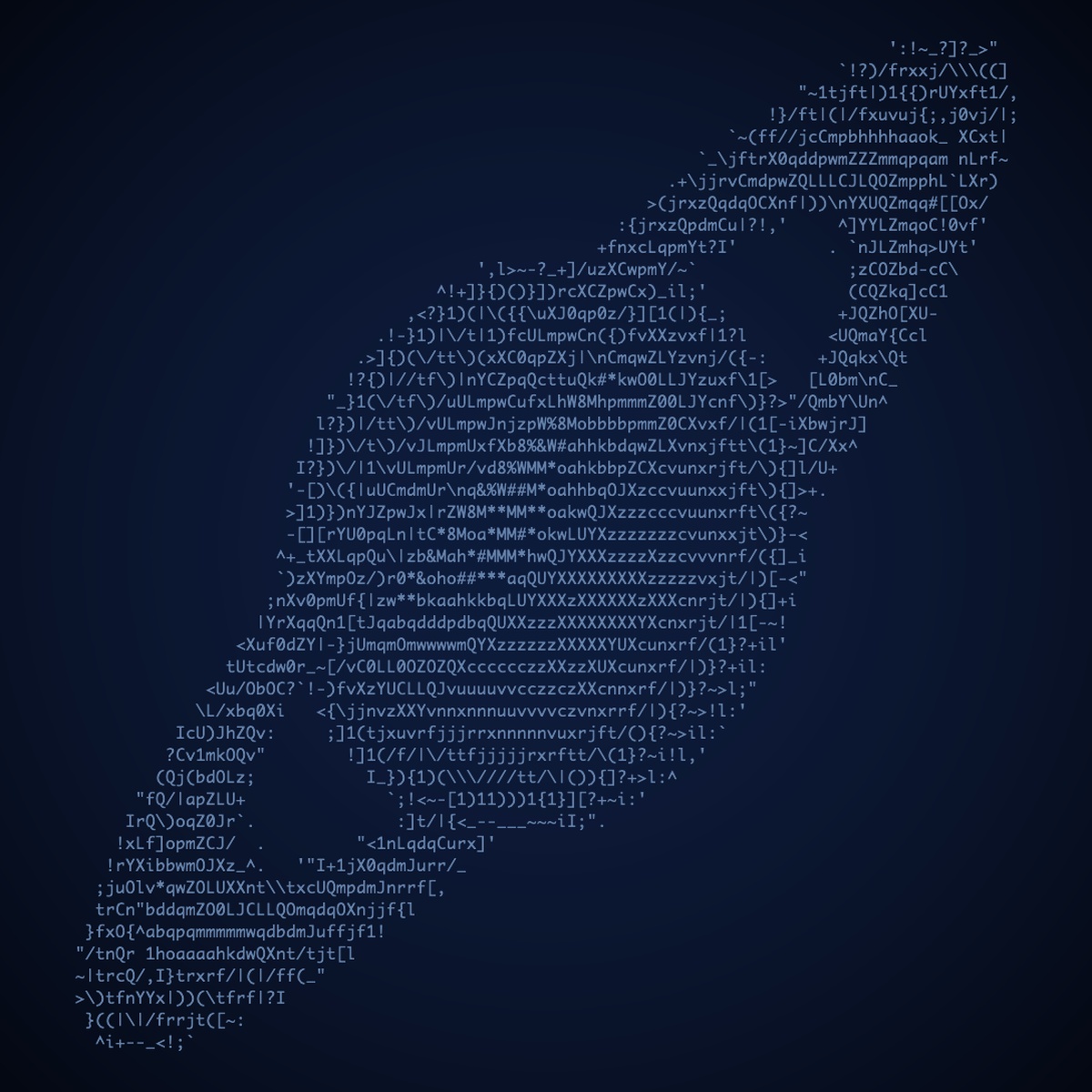 Saturn rendered in dense ASCII typography over a night-sky radial spotlight — soft slate-blue characters